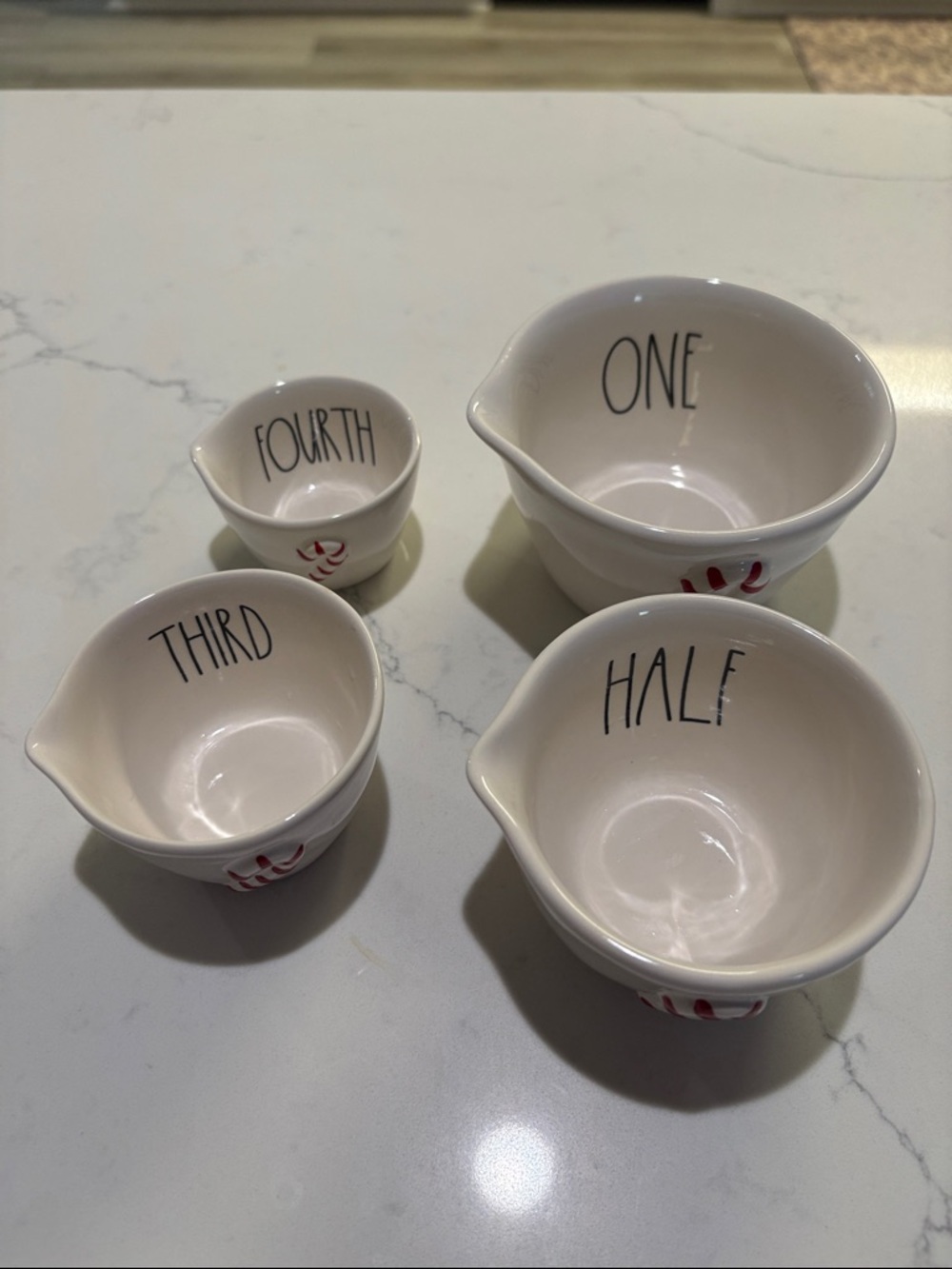 Rae Dunn White Ceramic Nesting Measuring Bowls with Red Candy Cane Accent - Picture 4 of 7